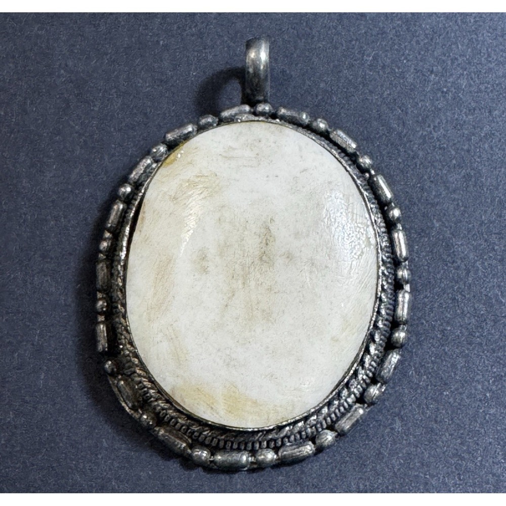 Vintage Oval Cabochon Pendant Silver Tone Ornate Rope Frame Boho Earthy Neutral